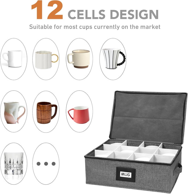 HURZMORO Mug Storage Box with 12 Compartments, Gray Hard Shell Container, Padded Dividers, Dual Handles, Zipper Lid for Coffee Cup Organization and Moving (1, Coffee Cup Storage Box) - Image 3